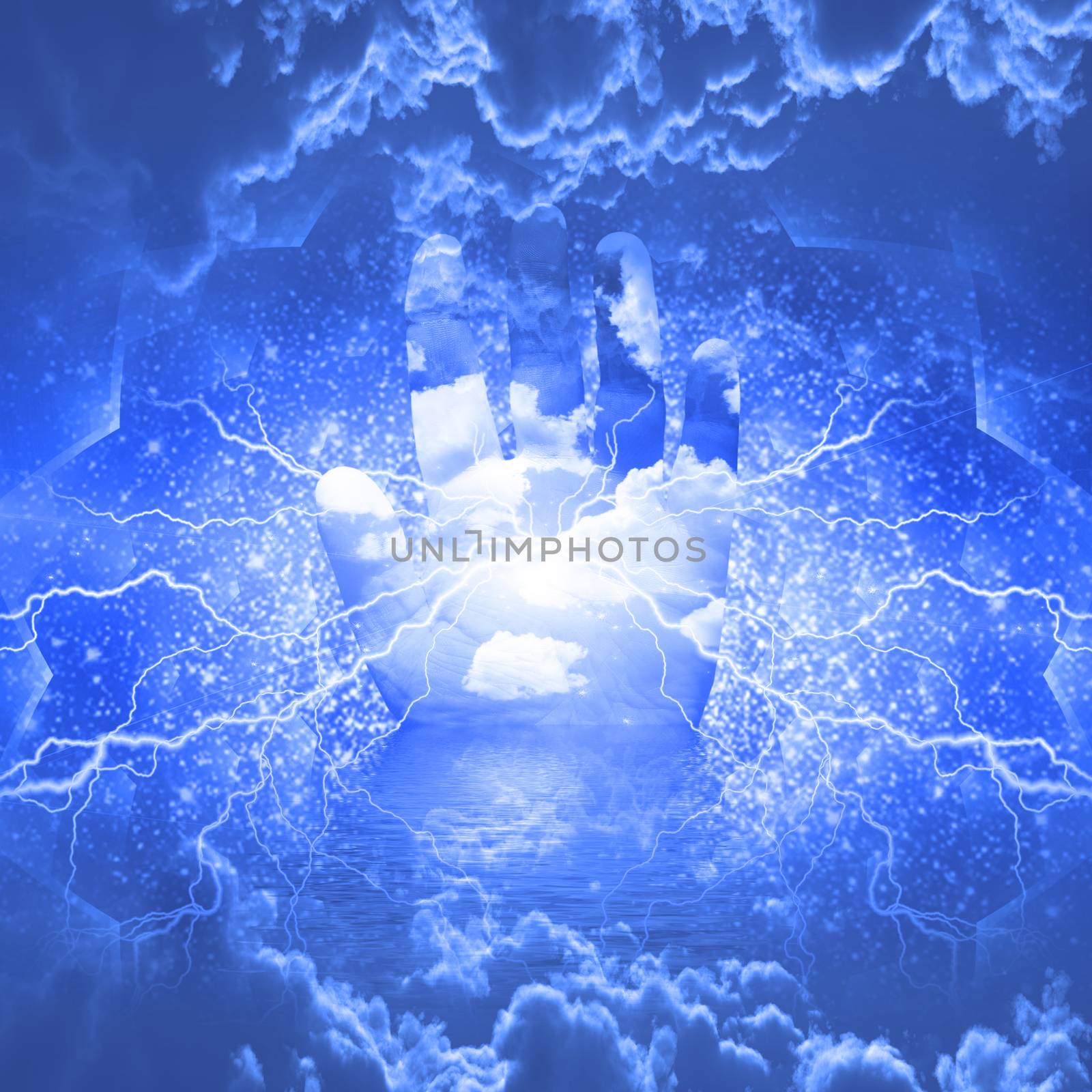 Powerful Energy. Lightning radiates from palm of hand. 3D rendering