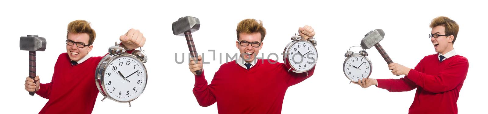 Student with alarm clock isolated on white