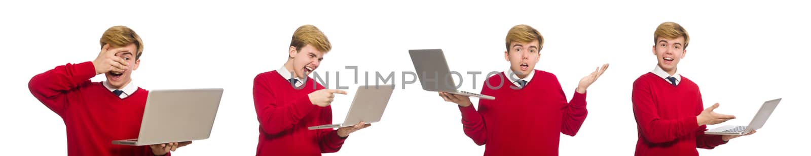 Student using laptop isolated on white