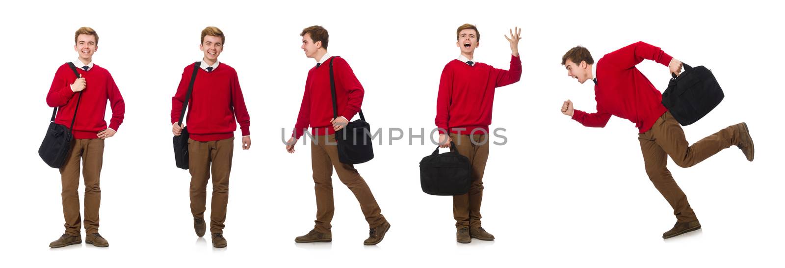 Student with bag isolated on white