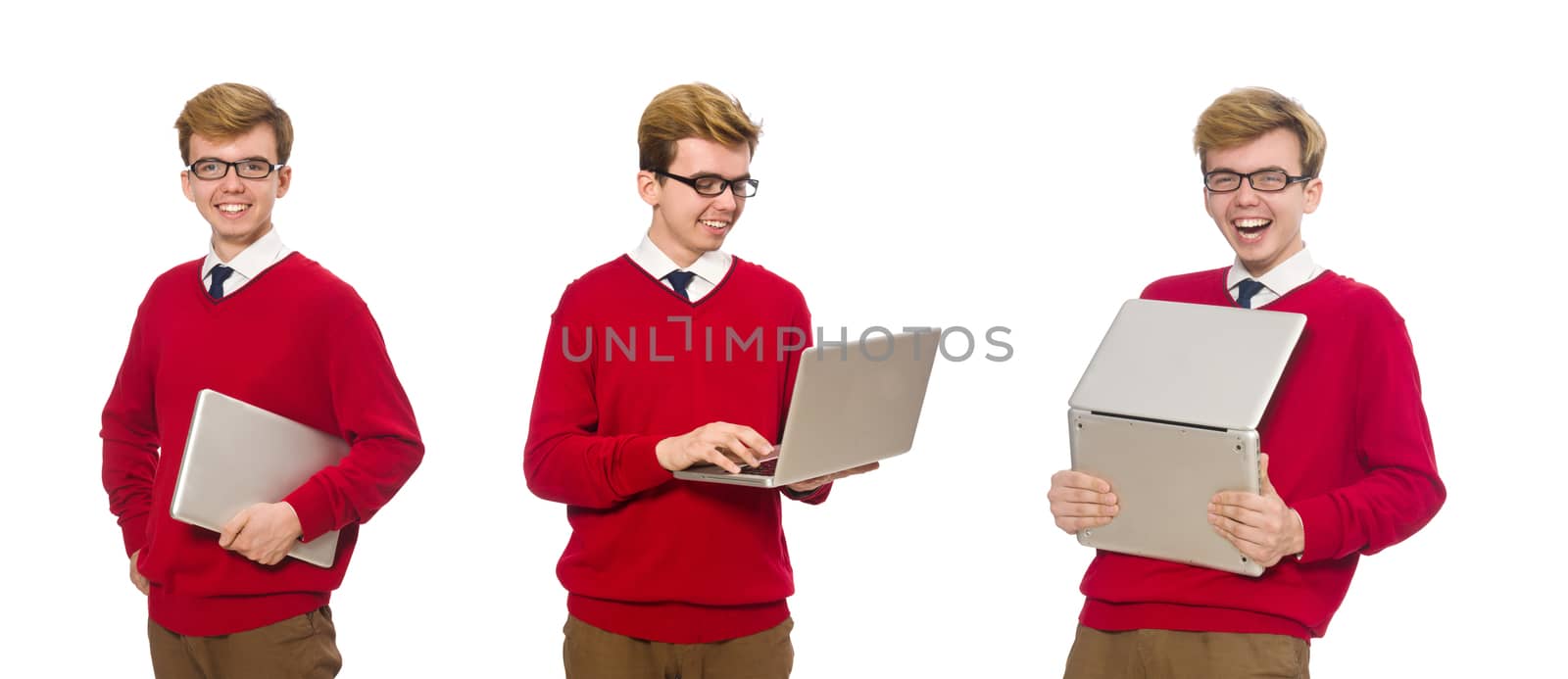 Student using laptop isolated on white