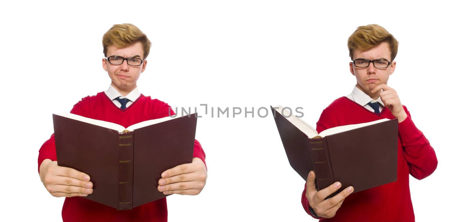 University student with book isolated on white