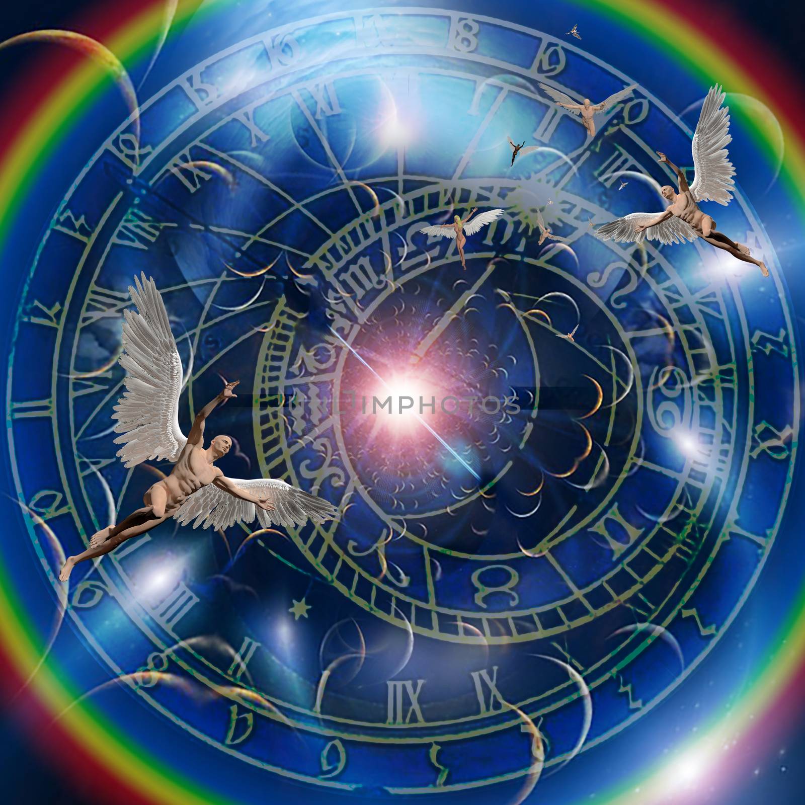 Angels and time. Zodiac clock. 3D rendering