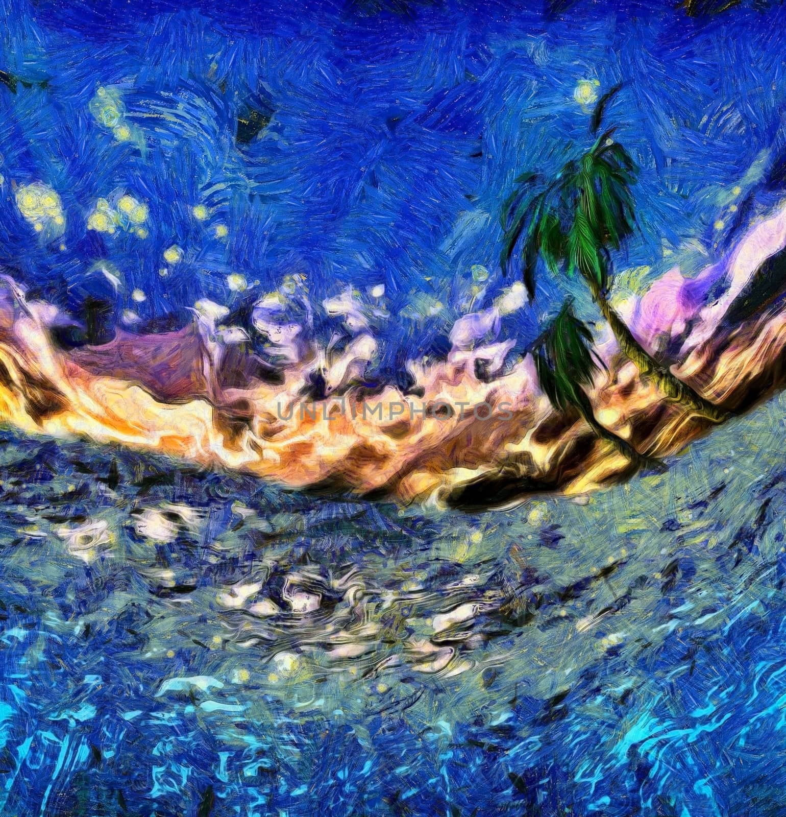 Abstract digital painting. View from underwater on a palm tree. 3D rendering