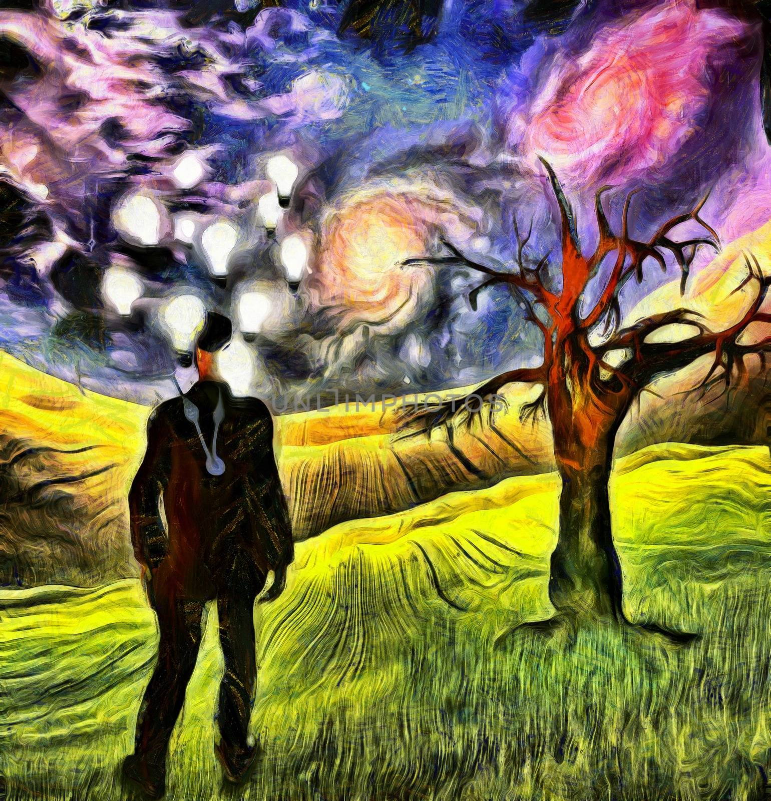 Ideas and time. Man in suit and bowler hat with light bulbs around his head stands on a green field. Old tree and colorful galaxies. 3D rendering