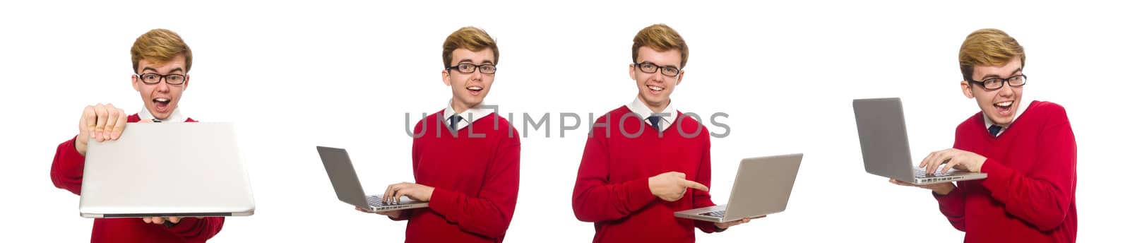 Student using laptop isolated on white