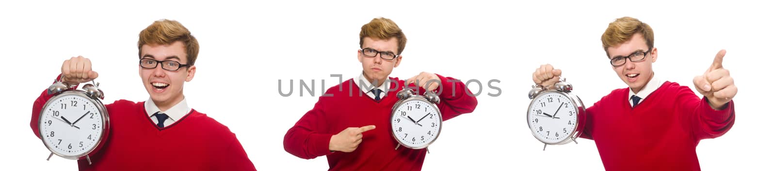 Student with alarm clock isolated on white