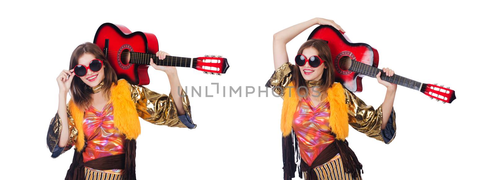 Tall guitar player isolated on white