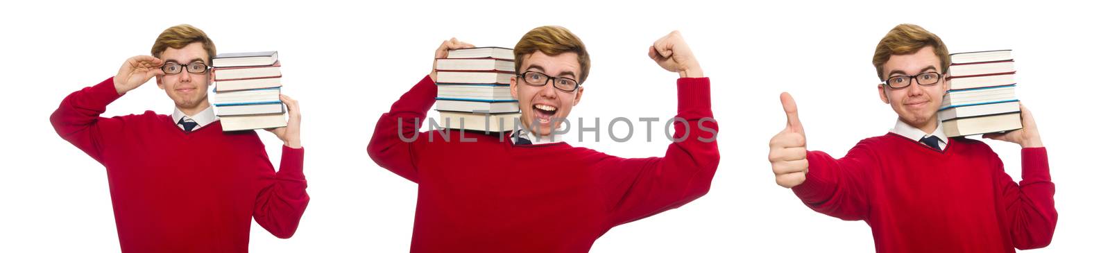 University student with book isolated on white