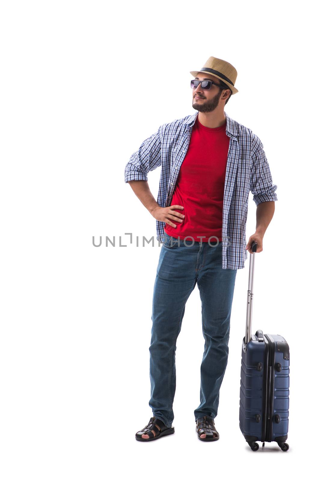Young man ready for summer travel isolated on white by Elnur