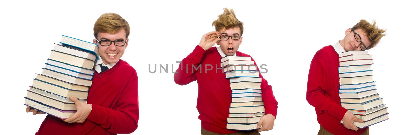 Funny student with books isolated on white