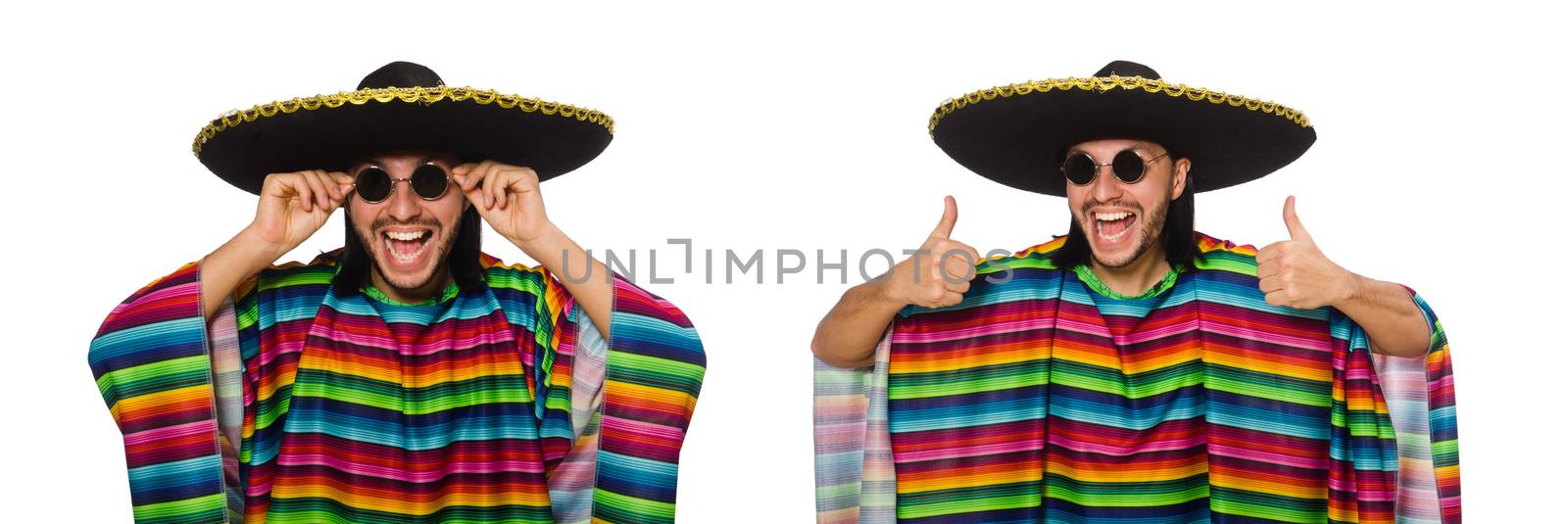 Handsome man in vivid poncho isolated on white