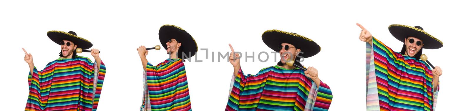 Handsome man in vivid poncho holding maracas isolated on white