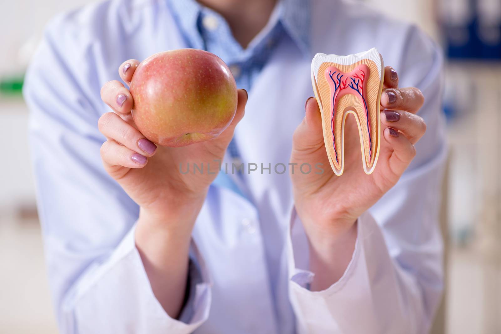 Dentist practicing work on tooth model