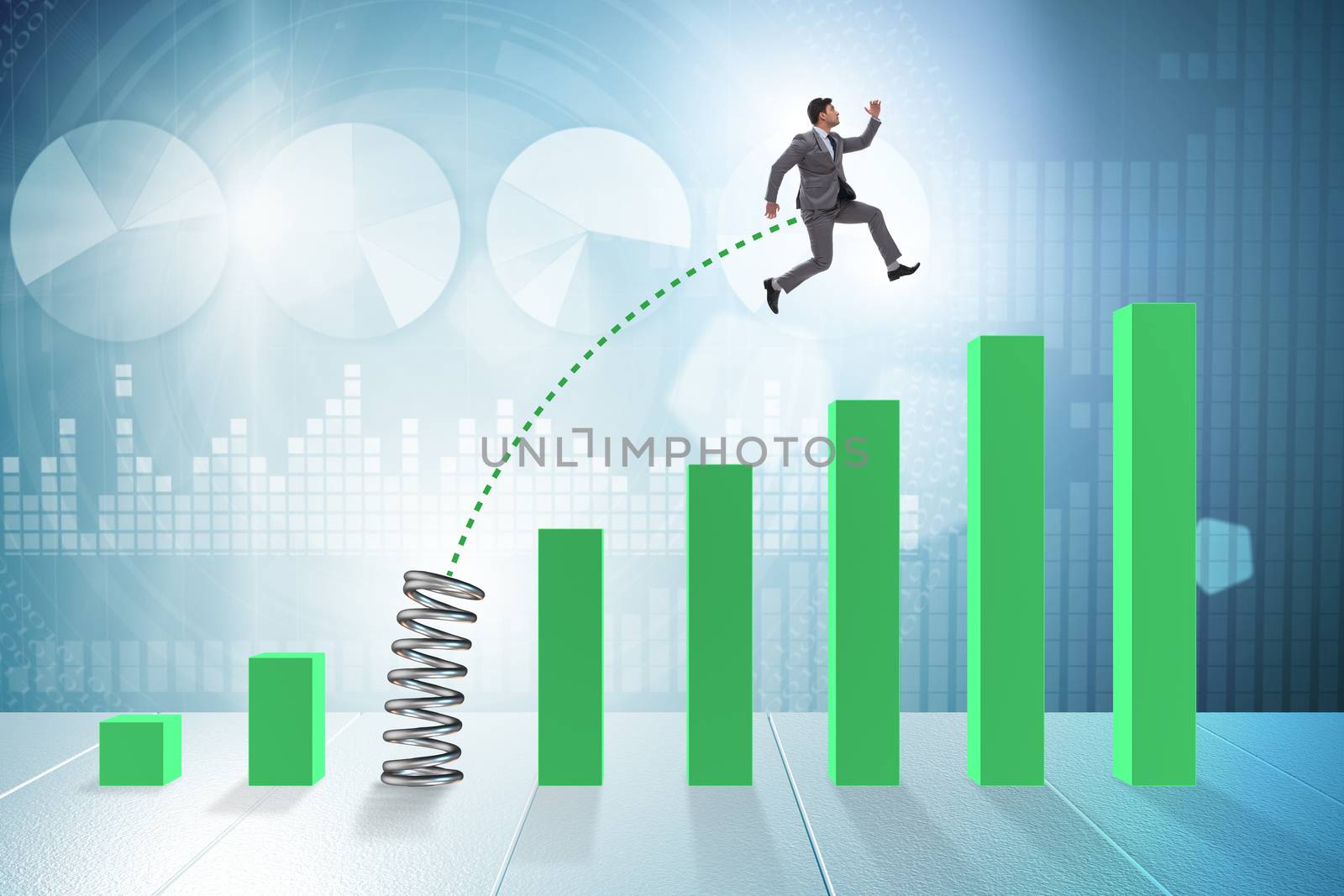 Business people jumping over bar charts