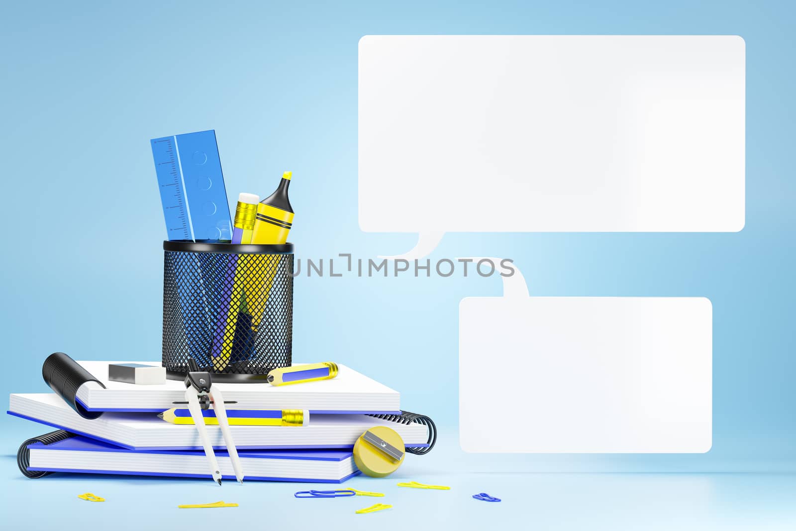 The stationary or office equipment in a blue background. by SaitanSainam