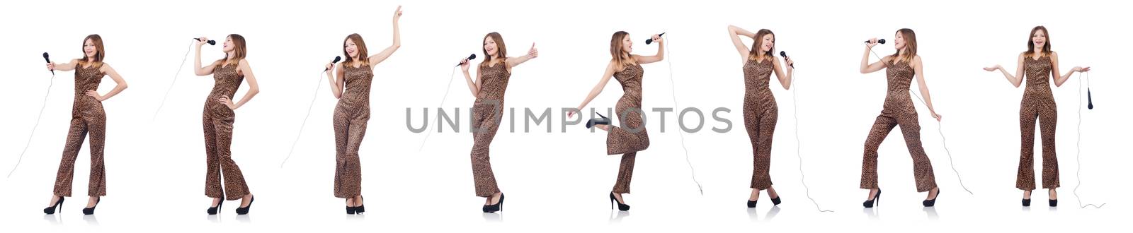 Woman singer with microphone on white