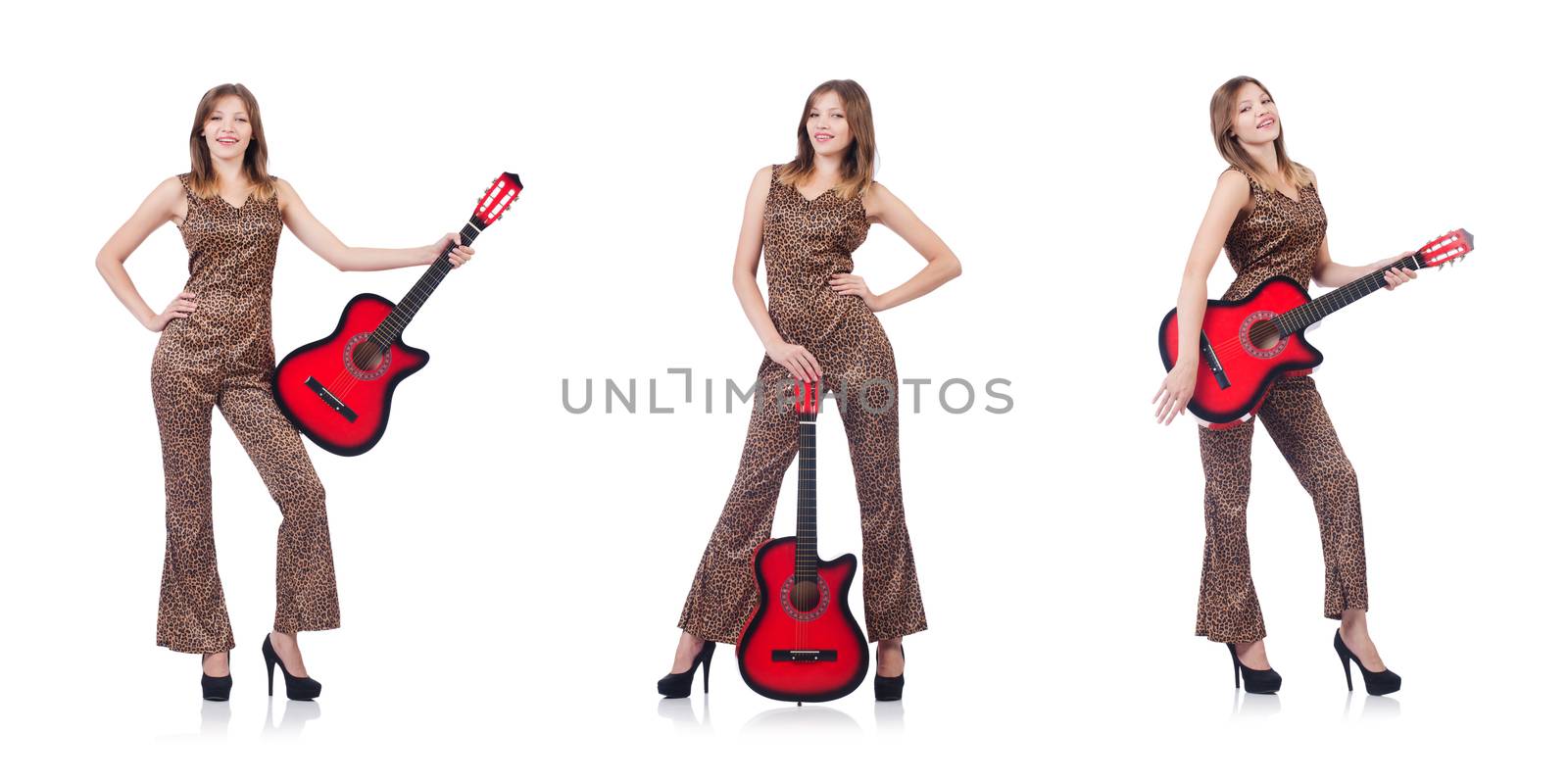 Woman in leopard clothing on white with guitar