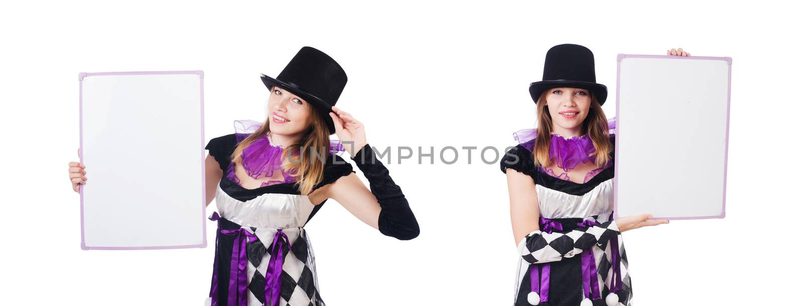 Girl in harlequin costume isolated on white