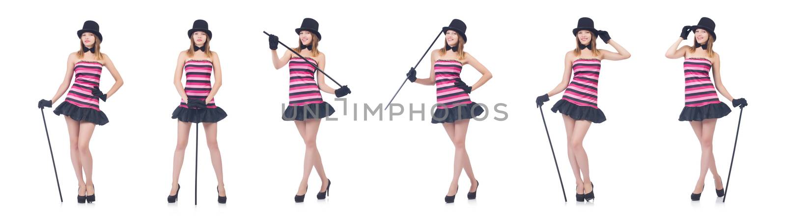 Young pretty woman dancing with walking stick isolated on white by Elnur