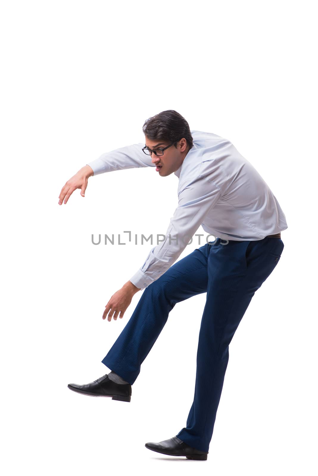 Young puppet businessman isolated on white background