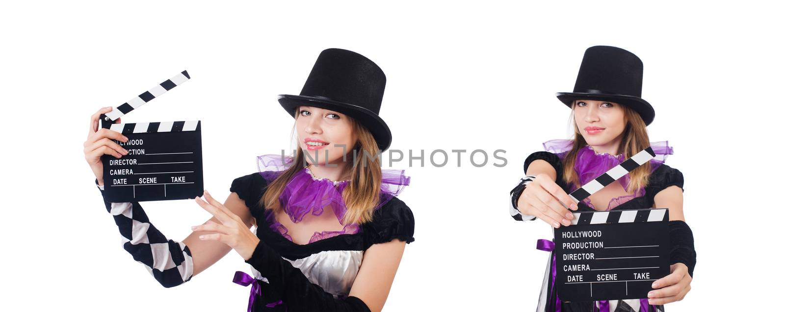 Woman with movie board isolated on white