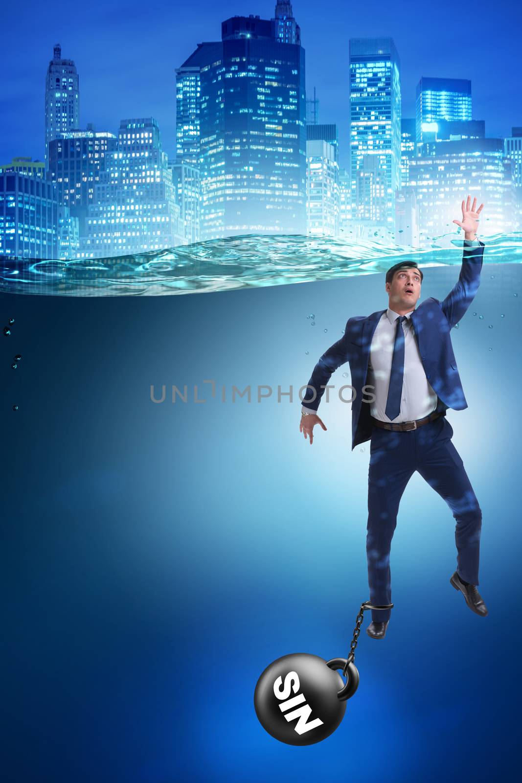 Businessman drowning under the burden of sin and guilt