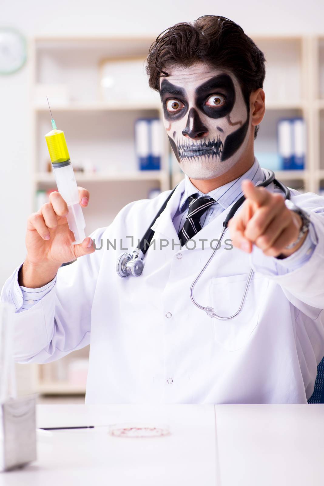 Scary monster doctor working in lab