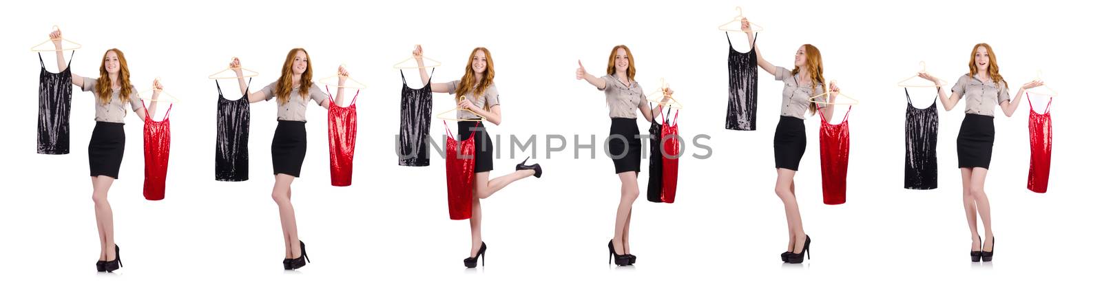 Woman choosing the dress isolated on white