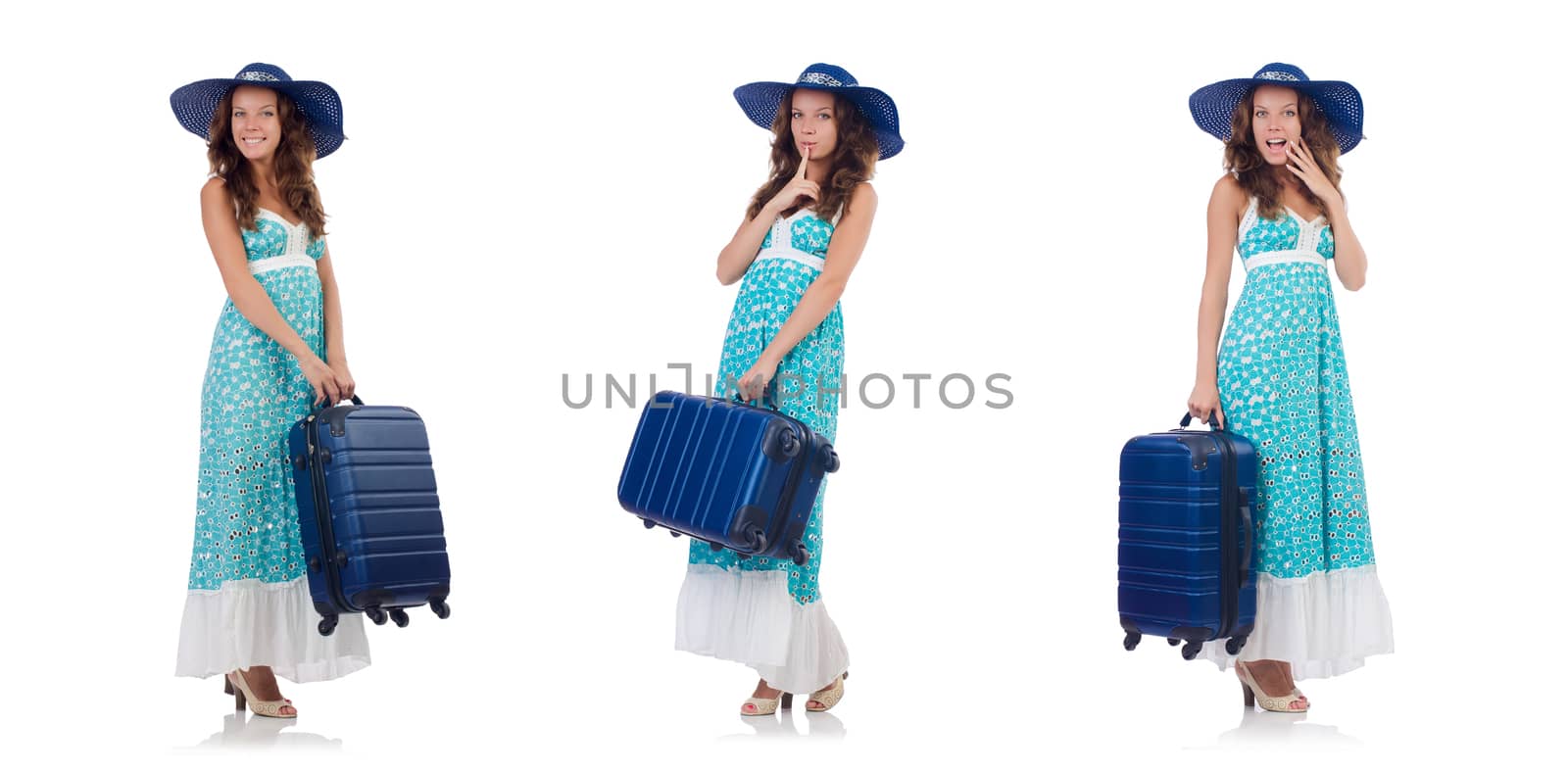 Woman traveller with suitcase isolated on white