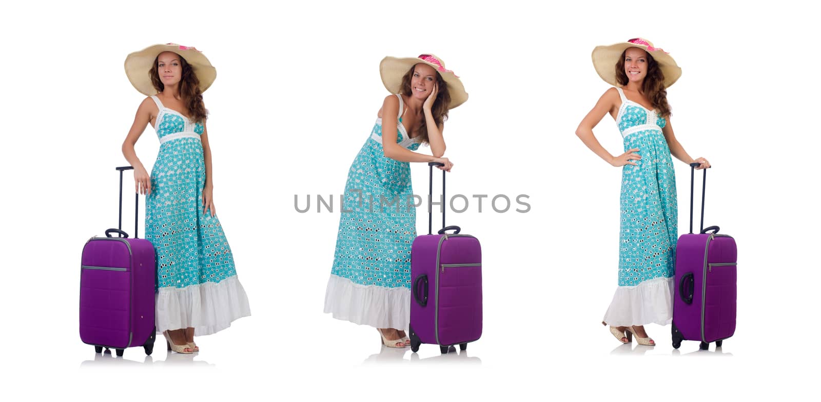 Woman traveller with suitcase isolated on white