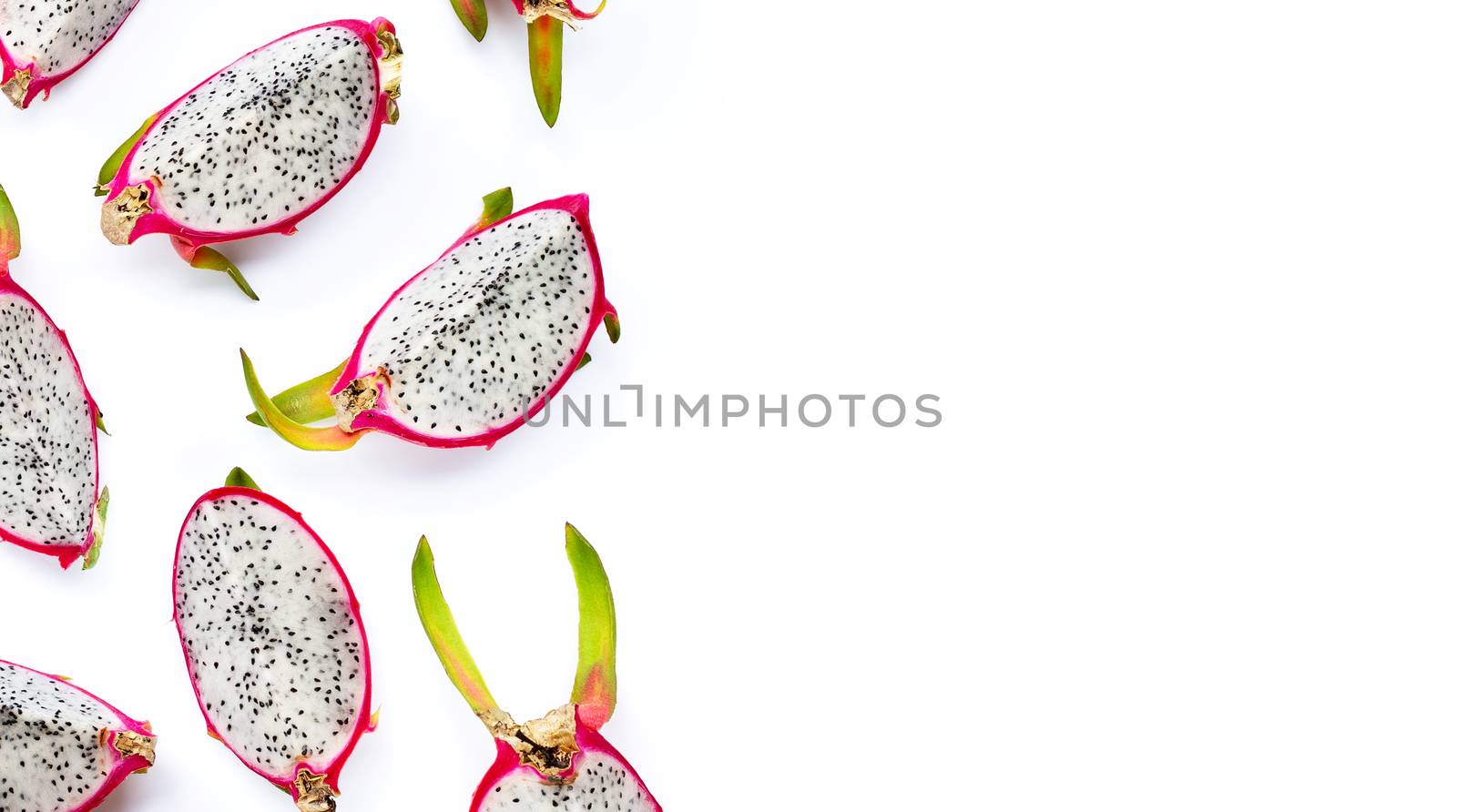 Dragon fruit slices, pitaya isolated on white background. Delicious tropical exotic fruit