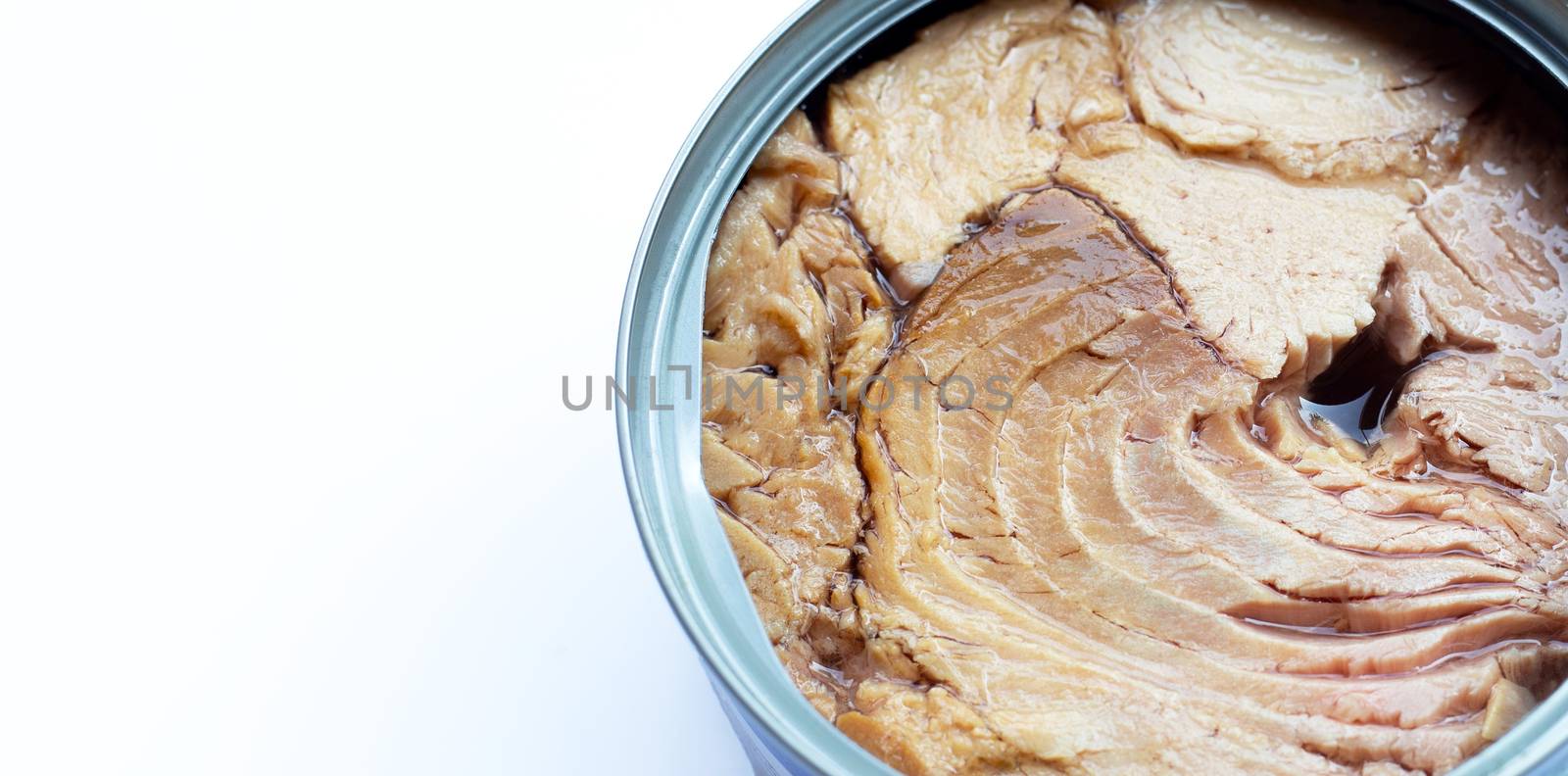Canned tuna fish on white background.