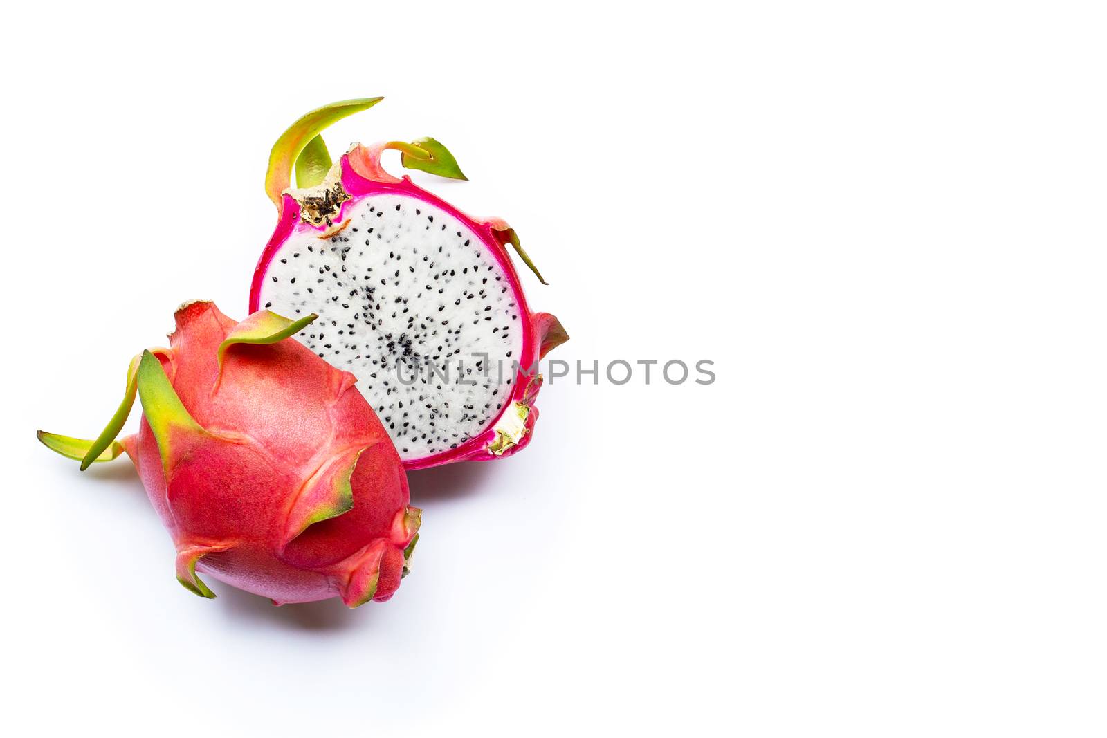 Dragon fruit or pitaya isolated on white background. Copy space