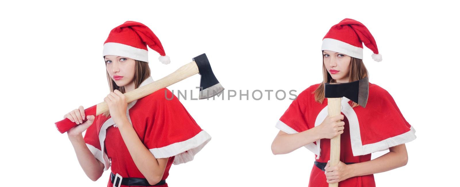 Young woman in red santa costume on white