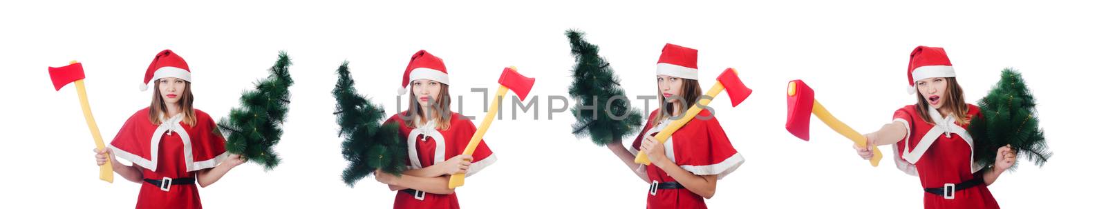 Young woman in red santa costume on white