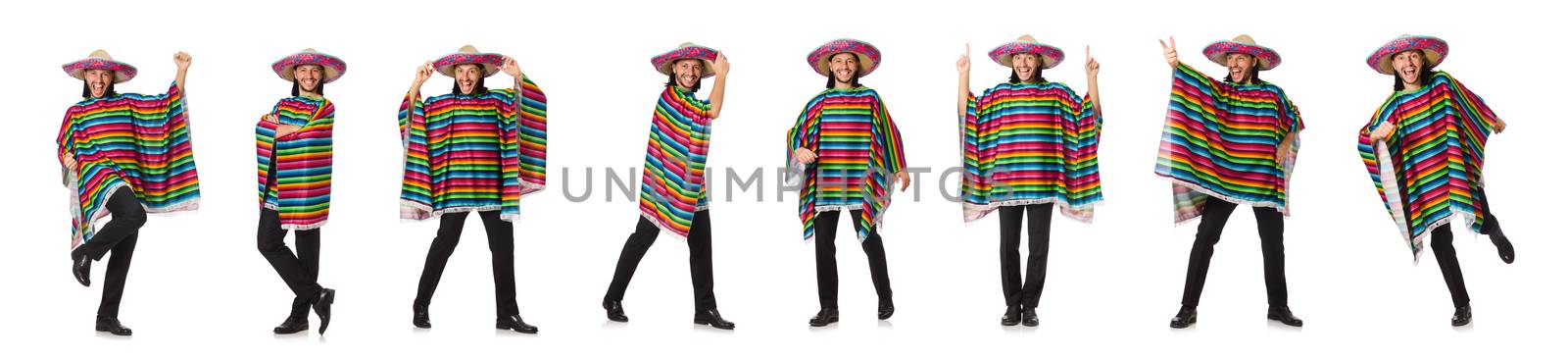 Handsome man in vivid poncho isolated on white