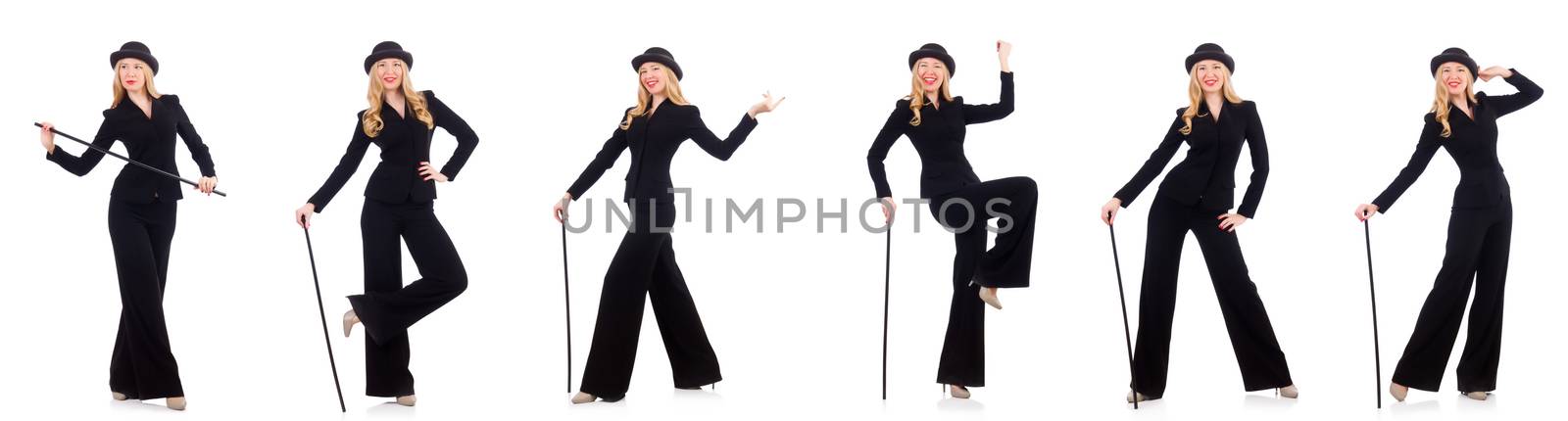 Girl in classic male suit isolated on white