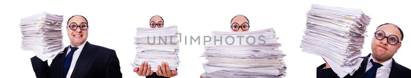 Funny man with lots of folders on white