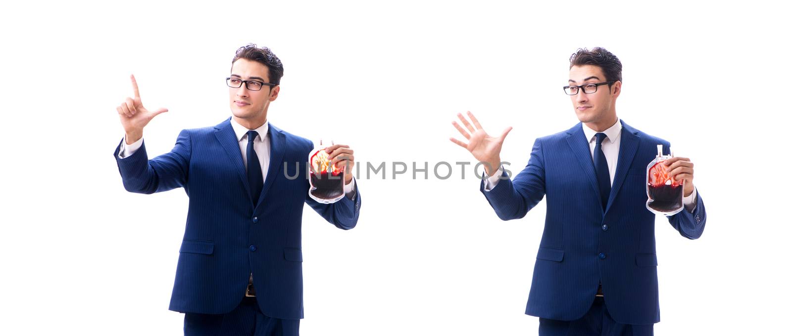 Businessman with blood bag isolated on white