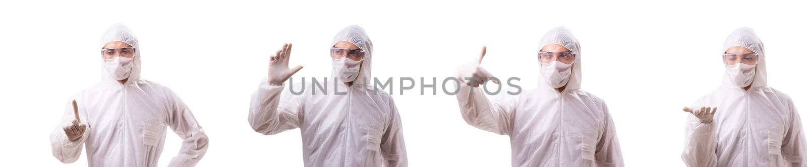 Man in protective suit isolated on white background