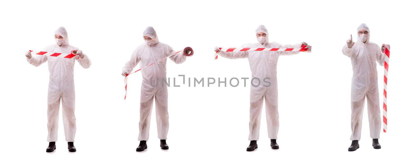 Forensic specialist in protective suit isolated on white