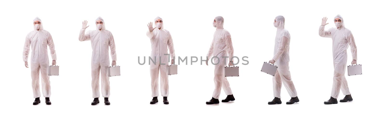 Criminologist in protective suit with steel case