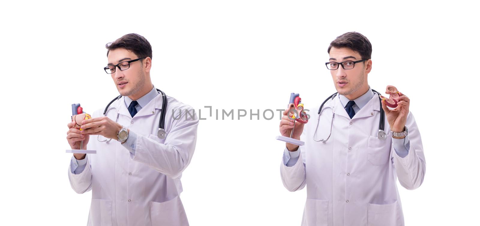 Young doctor with heart shape isolated on white