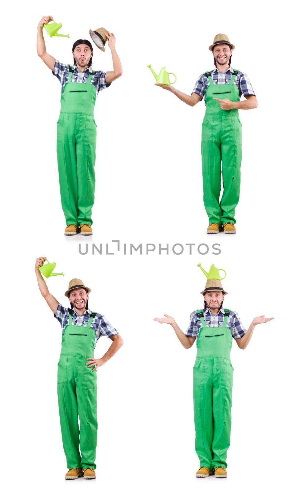 Young cheerful gardener with watering can isolated on white