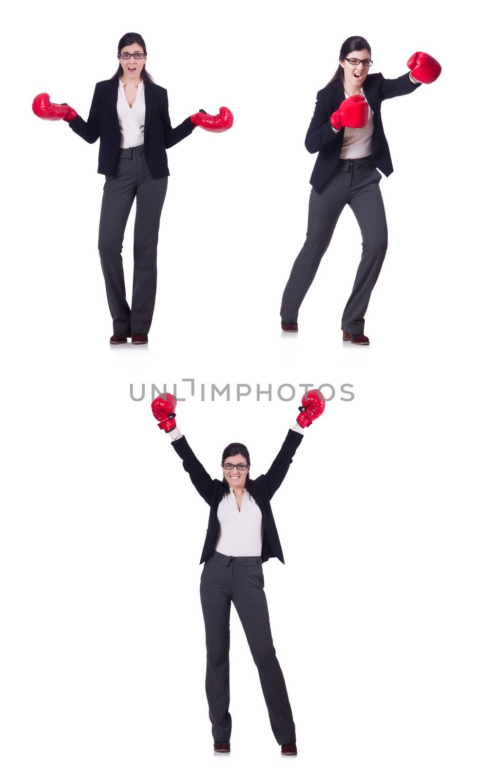 Young boxing businesswoman isolated on white