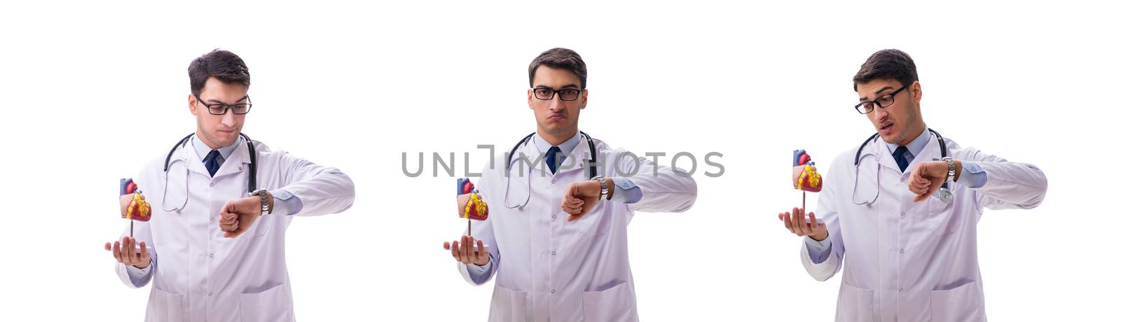 Young doctor with heart shape isolated on white