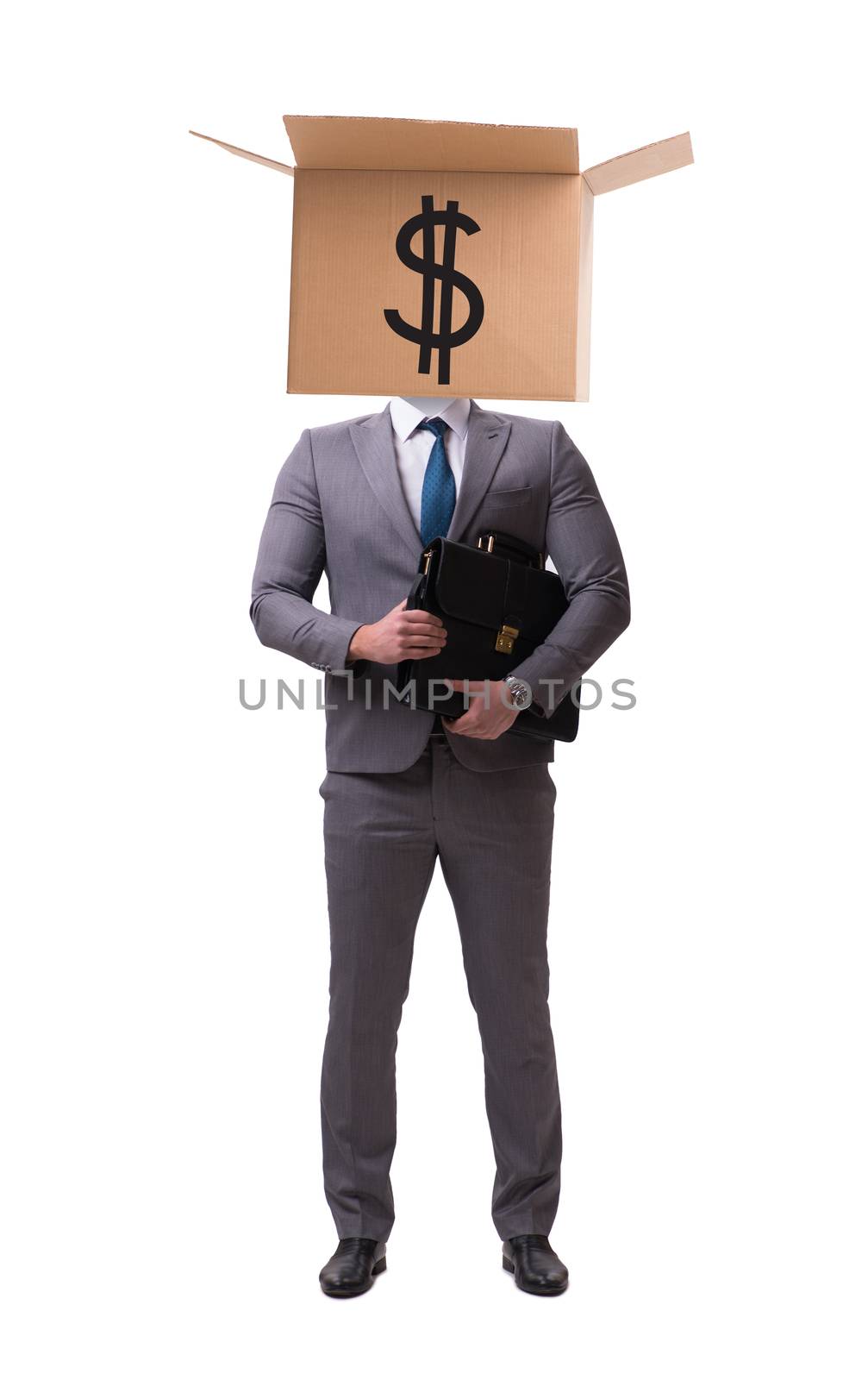 Businessman with dollar box on his head