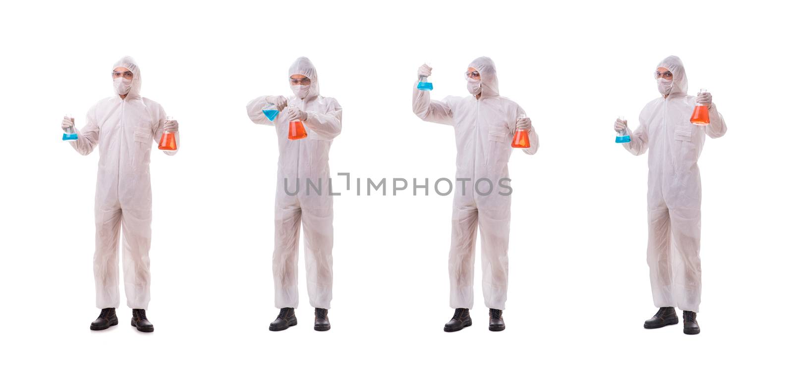 Chemist working with poisonous substances isolated on white background