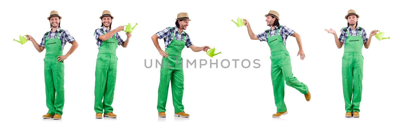 Young cheerful gardener with watering can isolated on white